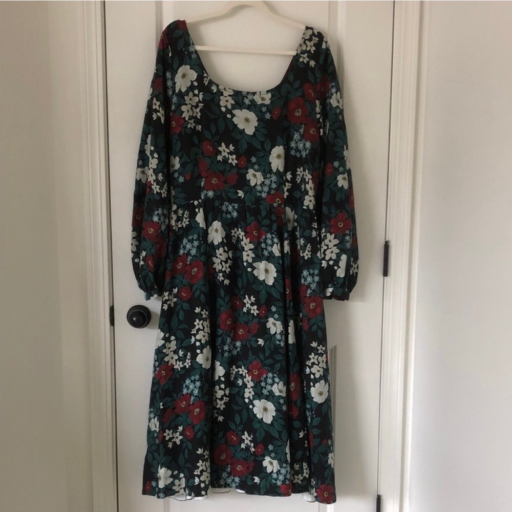 Son de Flor Teal Floral Midi Dress with Red and White Blooms
